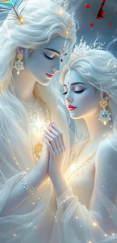 Ethereal couple in a fantasy art mobile wallpaper, glowing with light and elegance.