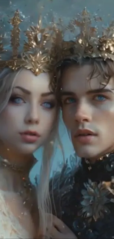 Ethereal fantasy couple with golden crowns in a mesmerizing setting.