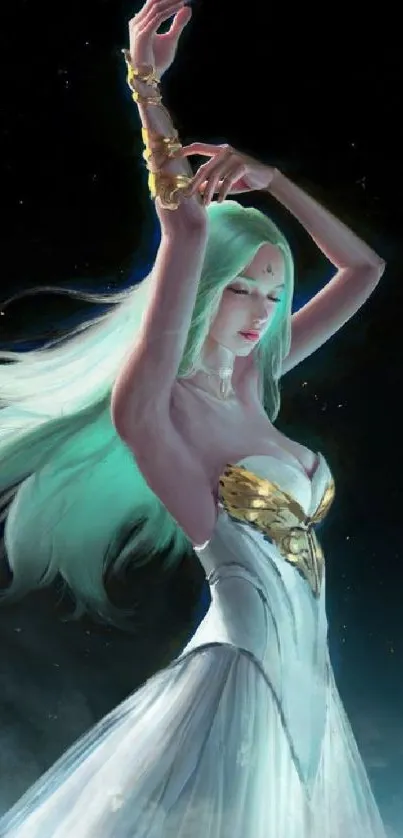 Ethereal fantasy figure with green hair and golden details against a dark background.