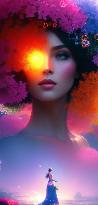 Dreamlike portrait of woman with vibrant floral crown in mystical setting.