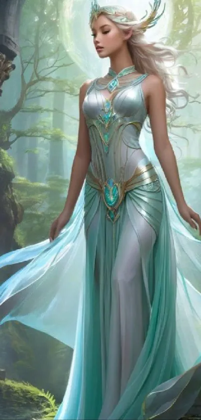 Ethereal female goddess in a fantasy forest scene with teal attire.