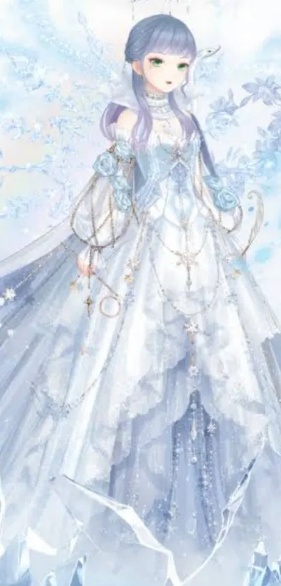 Ethereal girl in blue and white gown with crystals in fantasy setting.