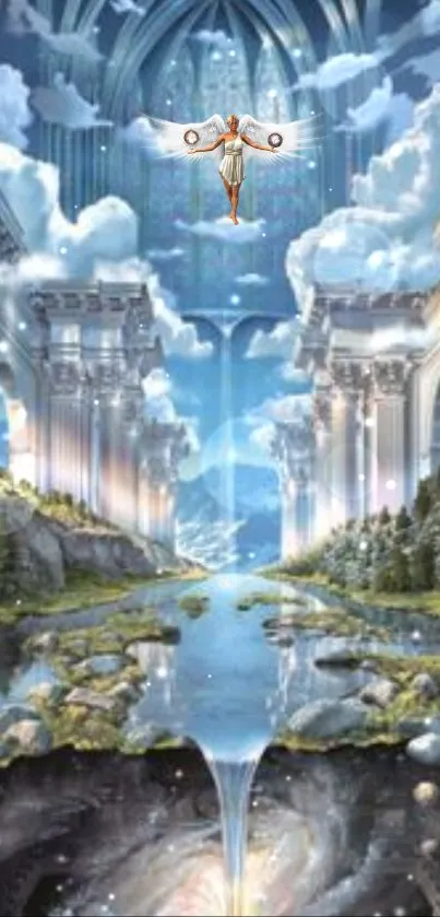 Ethereal fantasy landscape with angelic figure and pillars.