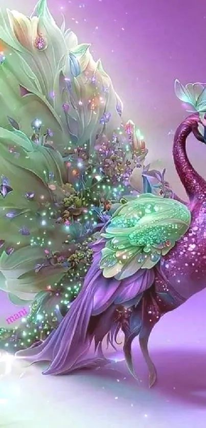 Fantasy peacock in purple and green with sparkling details.