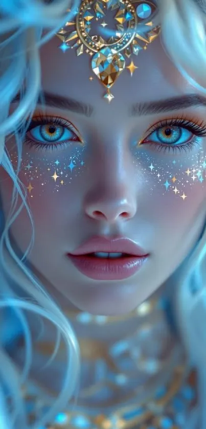 Ethereal fantasy portrait with celestial adornments and blue tones.