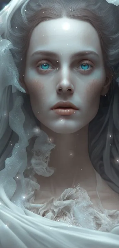 Ethereal fantasy portrait with white veil and soft lighting.