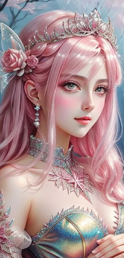 Fantasy pink-haired princess art with floral accents in an enchanted forest.