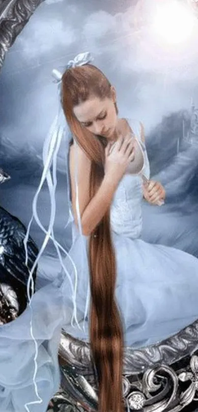 Fantasy princess with long hair in a mystical, dreamy landscape with silver accents.