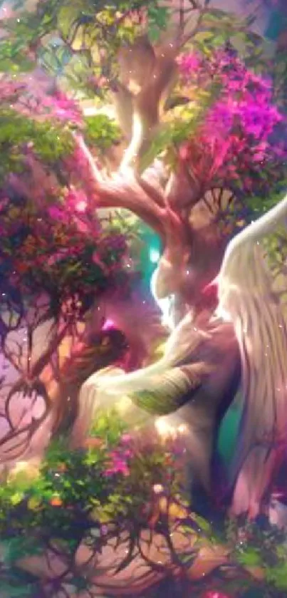 Ethereal artwork of an angel intertwined with a mystical, vibrant tree.