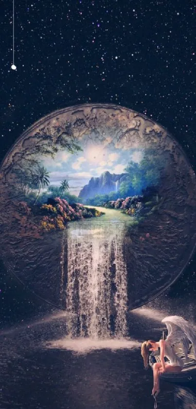 Ethereal fantasy landscape wallpaper with waterfall and starry sky.