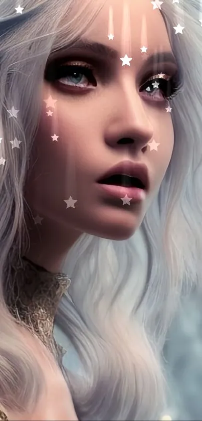 Ethereal fantasy woman with blue eyes, white hair, and a mystical background.