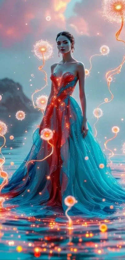 Ethereal woman in glowing orbs over water.