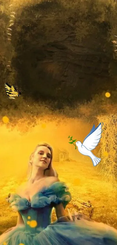 Ethereal fantasy woman surrounded by golden light with a dove and butterfly.