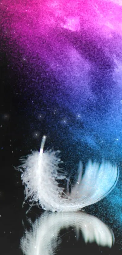 Feather with galaxy backdrop in vibrant colors.