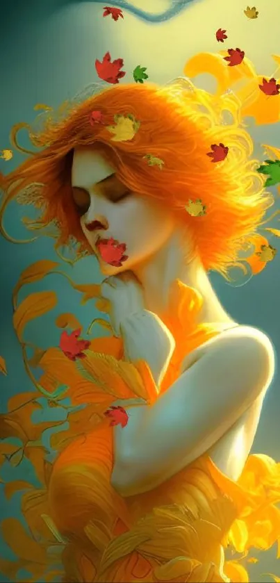 Artistic digital image of a woman with orange hair against a vibrant background.