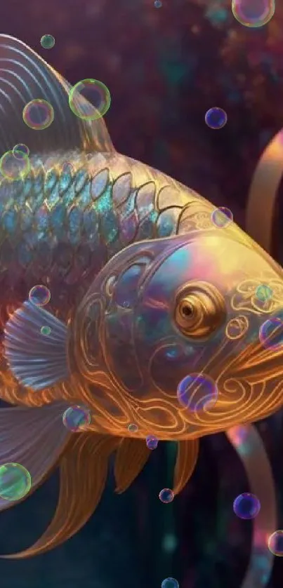 An iridescent fish with vibrant colors against a surreal background.