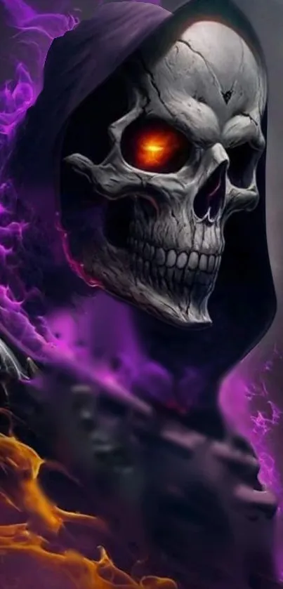 Skull surrounded by purple and orange flames in a dark theme wallpaper.