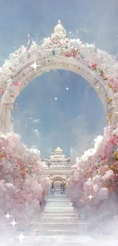 Ethereal pastel archway with floral accents against cloudy sky.