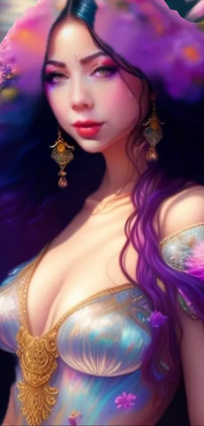 Mystical woman with flowers and gold jewelry in a fantasy art style.