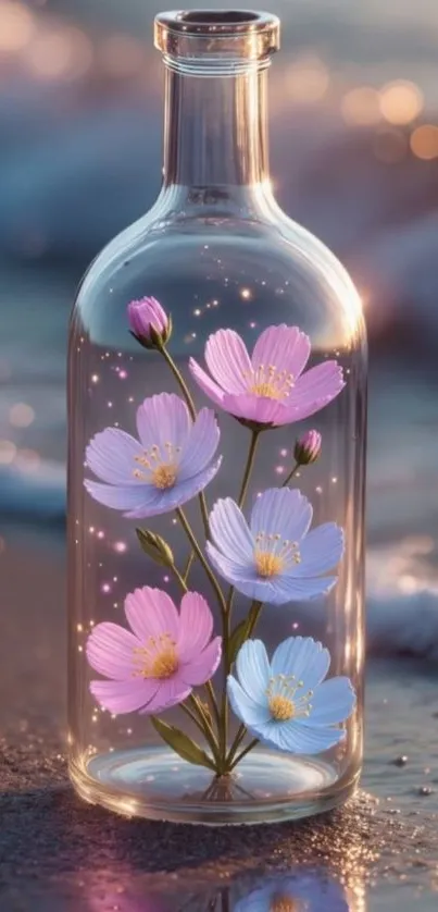 Pastel flowers in a glass bottle by the sea, creating a serene and ethereal scene.