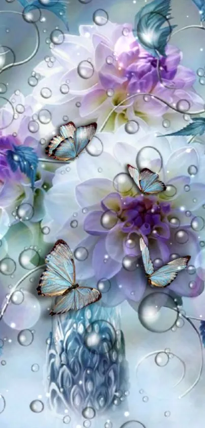 Butterflies flutter amidst pastel flowers on a dreamy mobile wallpaper.