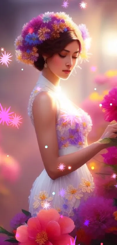 Serene woman in floral dress among vivid pink flowers, basking in soft light.