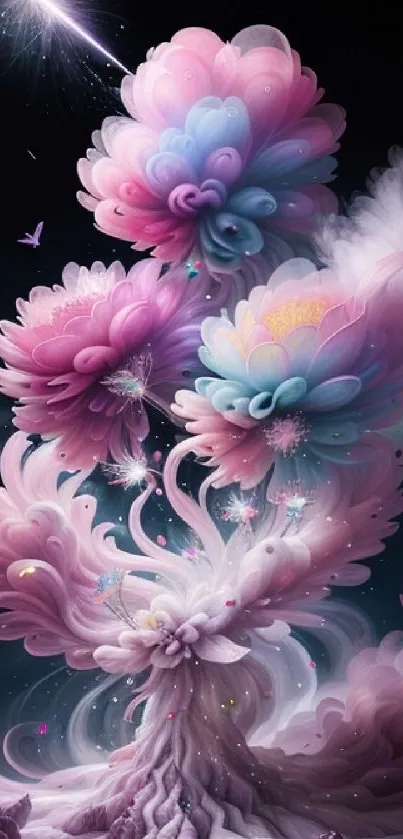 Surreal pink and purple blossoms under a cosmic, starry sky in dreamlike artwork.