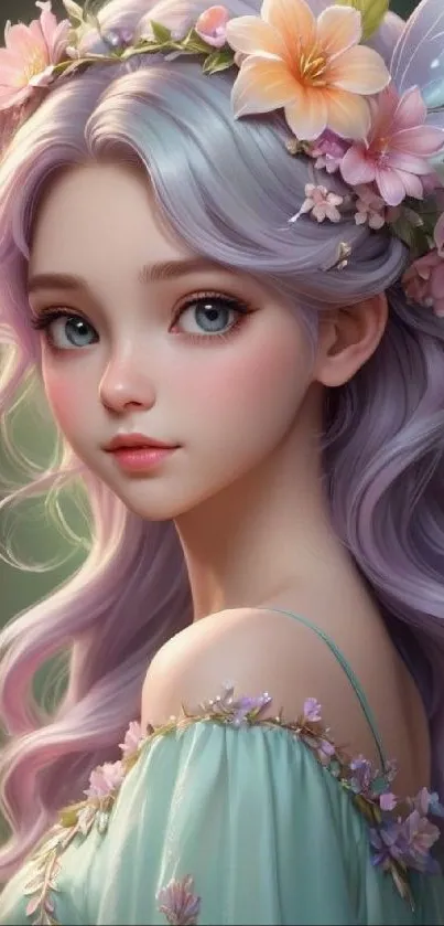 Ethereal fantasy girl with pastel hair and floral crown in a magical setting.