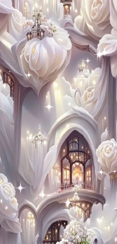 Ethereal fantasy wallpaper with white roses and glowing castle.