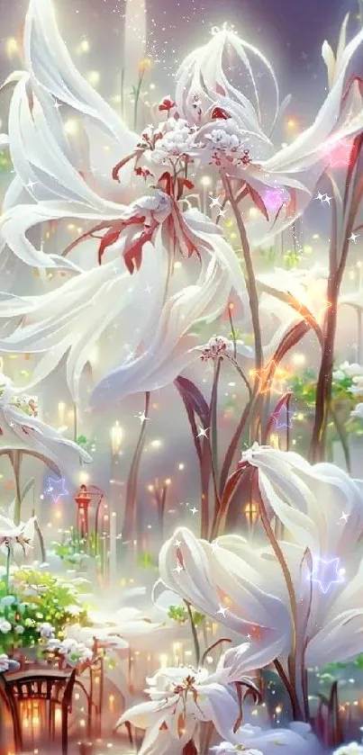 Ethereal fantasy wallpaper with white flowers and magical background.