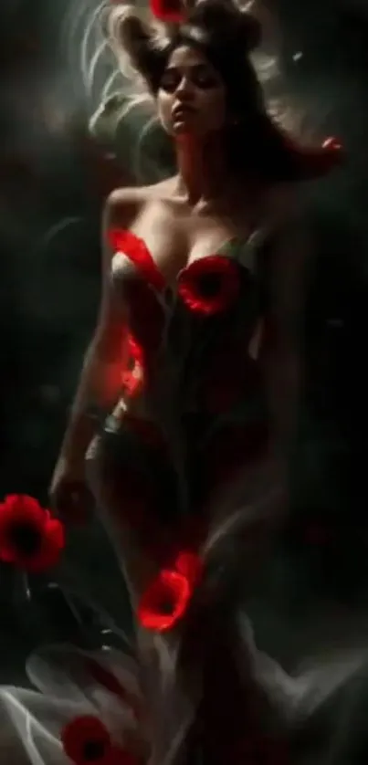 Ethereal woman adorned with red flowers in a mystical setting.