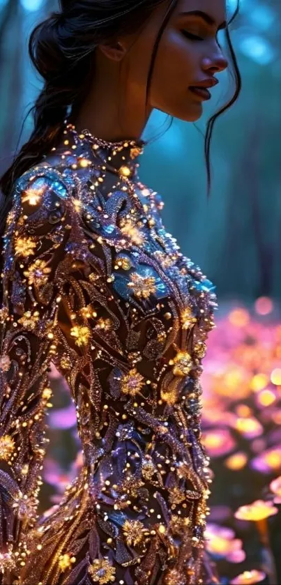 Woman in glowing floral gown in enchanted forest.