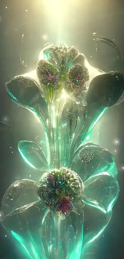 Futuristic glowing flower with teal and golden tones, perfect for mobile wallpaper.