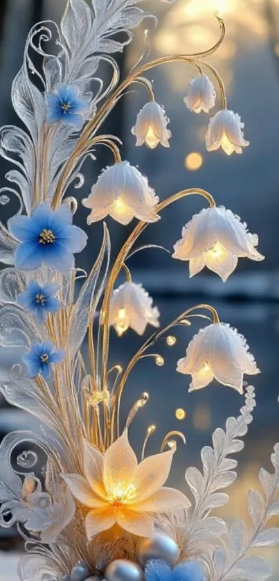 Glowing white and blue floral arrangement against a serene backdrop.