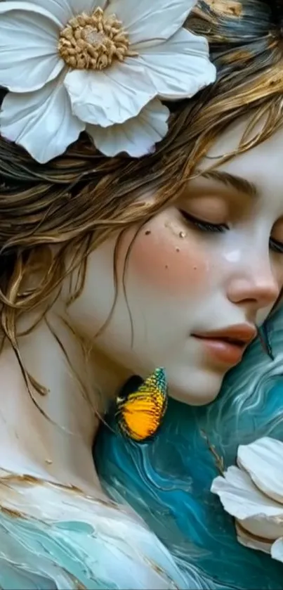 Ethereal portrait of a woman with flowers and a butterfly on teal background.