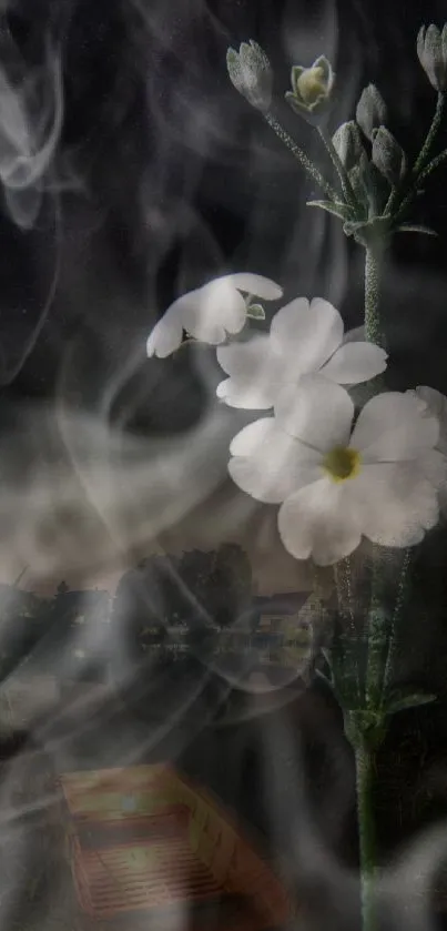 Ethereal wallpaper with white flowers and swirling smoke on a dark background.