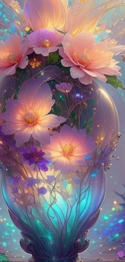 Ethereal floral vase with pastel hues.