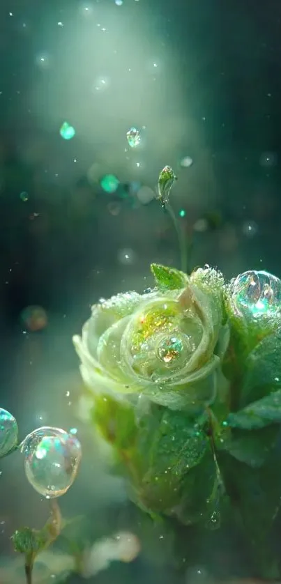 Ethereal flower with bubbles on emerald green background.