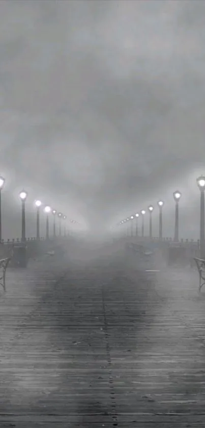 Foggy pier with glowing lampposts creating a serene and ethereal ambiance.