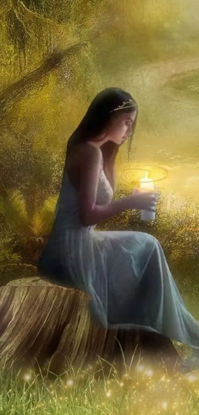 Woman holds candle in magical forest setting.