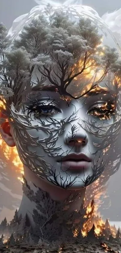 Surreal artwork of a face blending with forest elements and glowing firelights.