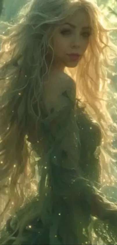 Ethereal forest fairy with golden light and flowing hair.