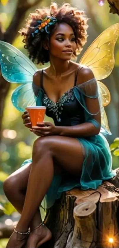 Fairy with wings sitting in an enchanted forest.