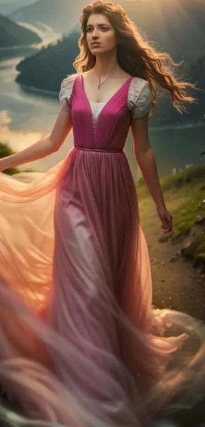 Woman in pink dress walking through lush forest path.