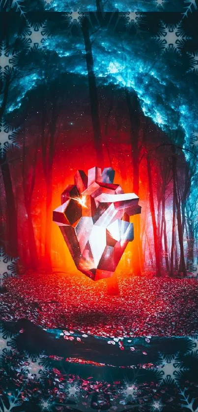 A glowing crystal heart in a mystical forest with cosmic sky.