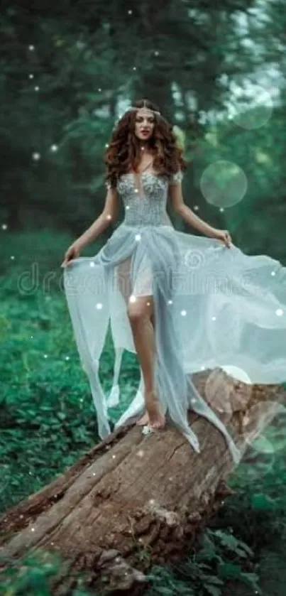 A maiden in a white dress stands gracefully on a log amidst a lush green forest.