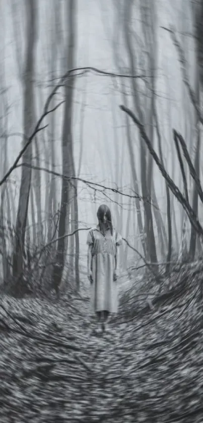 A figure on a blurred forest path in black-and-white.