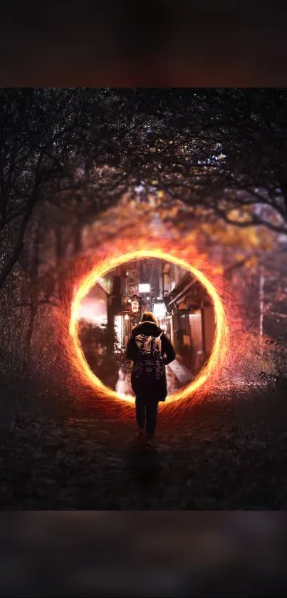 Glowing portal in a dark forest with a figure walking through, creating a mystical scene.