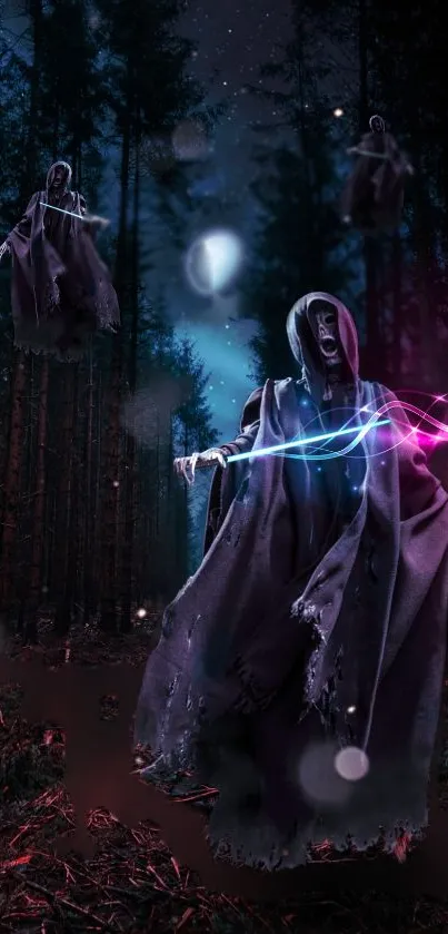 Ethereal spirits in a dark, mystical forest with colorful light trails.