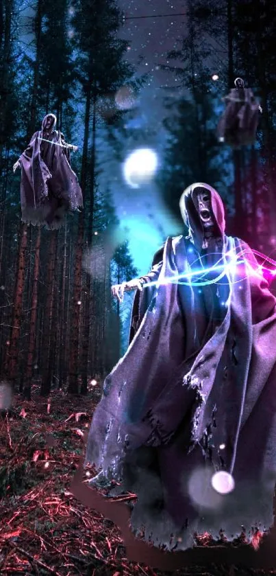 Ethereal spirits hover in a neon-lit forest.